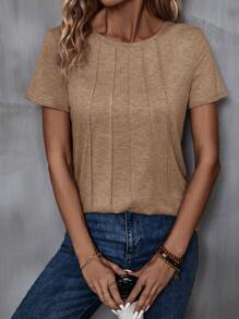 EMERY ROSE Của phụ nữ Mặt trước Mở rộng Xếp li Ngắn tay Áo thun - Màu Khaki - Xem 5