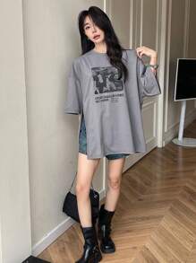 DAZY Women's Vintage Pattern Loose T-Shirt Summer Oversized T-Shirt,Graphic Tees - Grey - View 2
