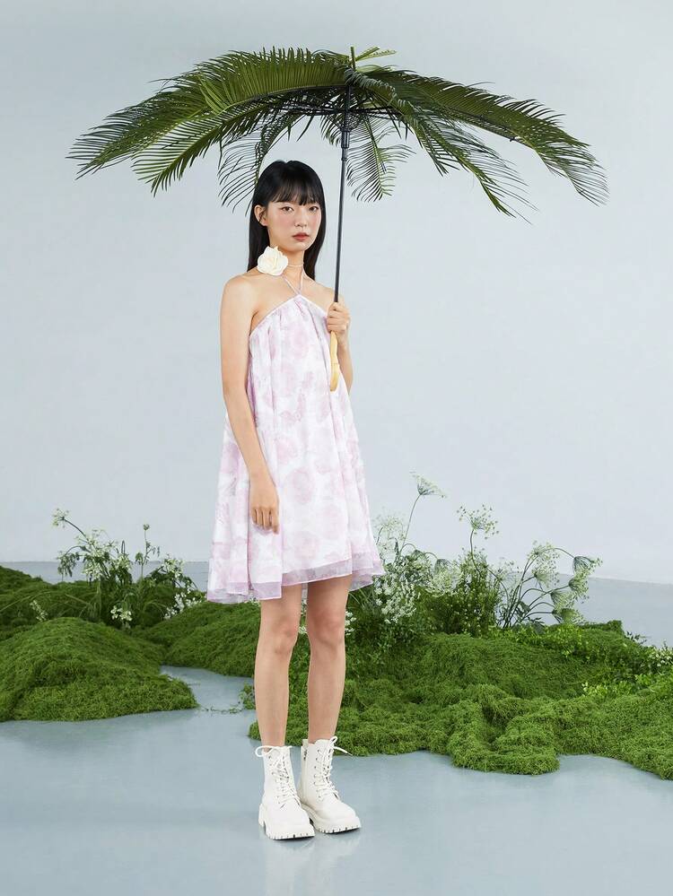 Holiday Floral Print Backless Halter Neck Dress