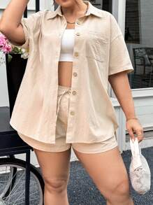 SHEIN Essnce 大码夏季两件套服装短款女士套装仿棉麻套装和亚麻短袖衬衫夏季套装女士亚麻衣服休闲女士连衣裙卡其短裤亚麻 - 卡其色 - 查看 4