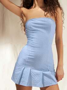 Forever 21 女士格紋無肩帶連身裙 - 藍白色 - 查看 2