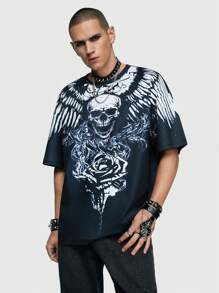 ROMWE MEN Grunge Punk 男士骷髏印花短袖圓領t恤,適合春夏日常穿著 - 白色 - 查看 4