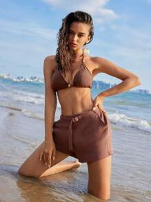 SHEIN Holidaya Short en lin ample de style vacances pour femmes, texture de plage, couleur marron, Anewsta
