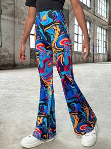 SHEIN Tween Girl Casual Knitted Graffiti Print High Waisted Flare Pants For Spring/Summer - Multicolor - View 3