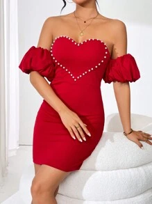 Chiquease Ladies' Bodycon Off Shoulder Dress With Beaded Heart Detail - Burgundy - View 3