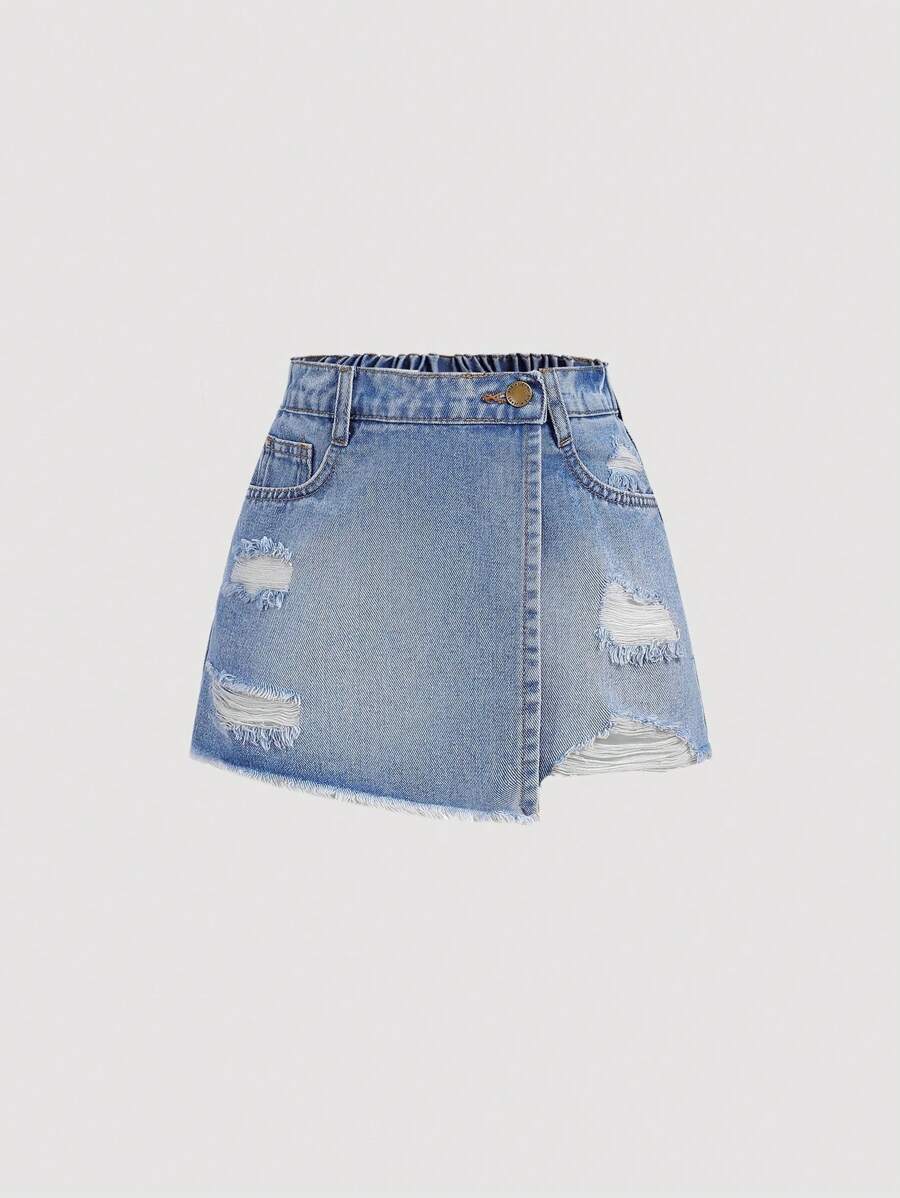 SHEIN Girlism Falda short de mezclilla de cintura alta estilo bohemio rasgada para niñas preadolescentes para primavera y verano, atuendos para vacaciones de verano - Azul lavado medio - Ver 1