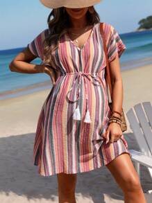 SHEIN 孕妇条纹 V 领蝙蝠袖连衣裙 - 彩色 - 查看 1
