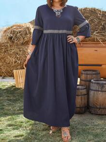 SHEIN LUNE 加大尺碼女士拼接編織帶休閒長款嬰娃裝連身裙 - 藍色 - 查看 5