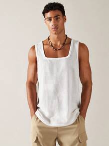 SWAVVY 男士窩花針織背心，無袖純白休閒背心 - 白色 - 查看 1