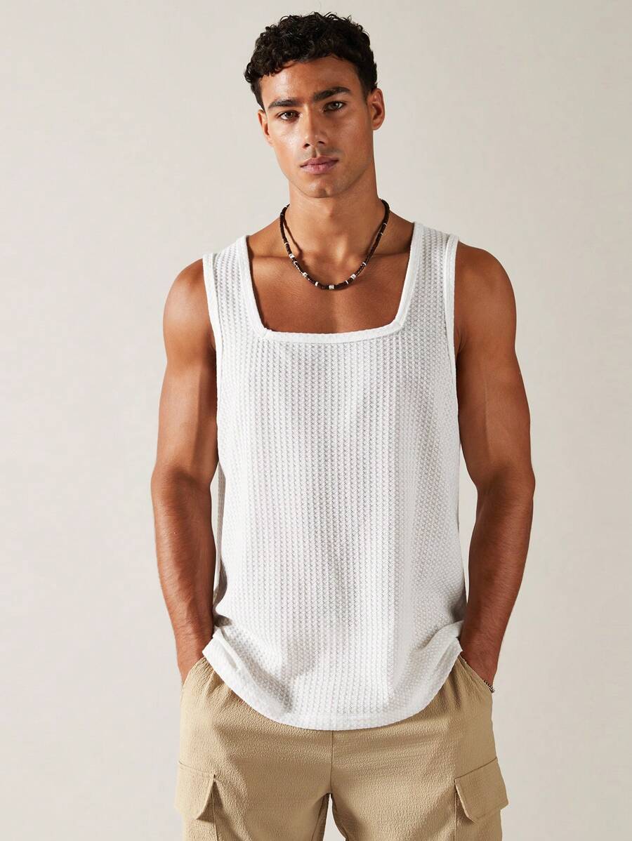 SWAVVY 男士窩花針織背心，無袖純白休閒背心 - 白色 - 查看 1