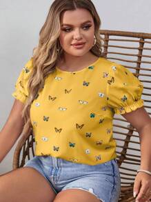 SHEIN VCAY Plus Size Women's Boho Butterfly Printed Puff Sleeve Blouse, For Summer - Yellow - View 5