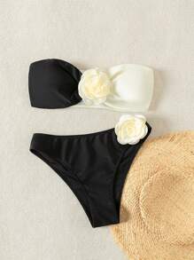 SHEIN Swim Women's 3d Flower Decorated Colorblocking Bikini Swimwear Set