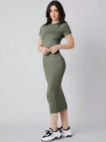 Mulvari Vestido ajustado de manga corta - Verde militar - Ver 4