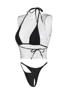 Swim SXY Summer Women's Halter Neck Bikini Set And Sleeveless Fishnet Cover Up Top - Black - View 5