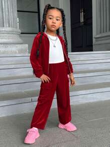 SHEIN 幼兒女孩天鵝絨拉鍊連帽夾克和褲子套裝 - 紅色 - 查看 6