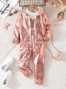 SHEIN Young Girl Zip Up Hooded Jacket & Pants & Heart Patched Tee - Pink - View 1