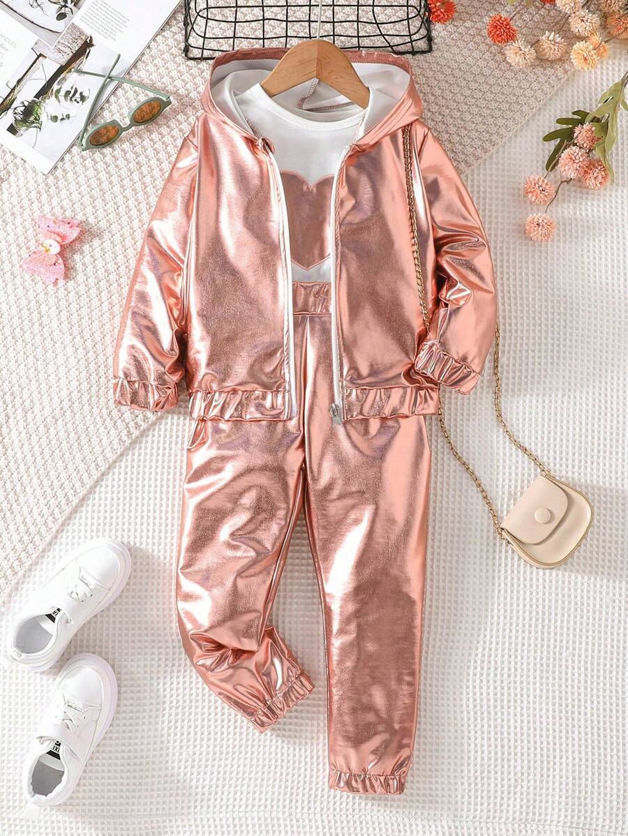 SHEIN Young Girl Zip Up Hooded Jacket & Pants & Heart Patched Tee - Pink - View 1