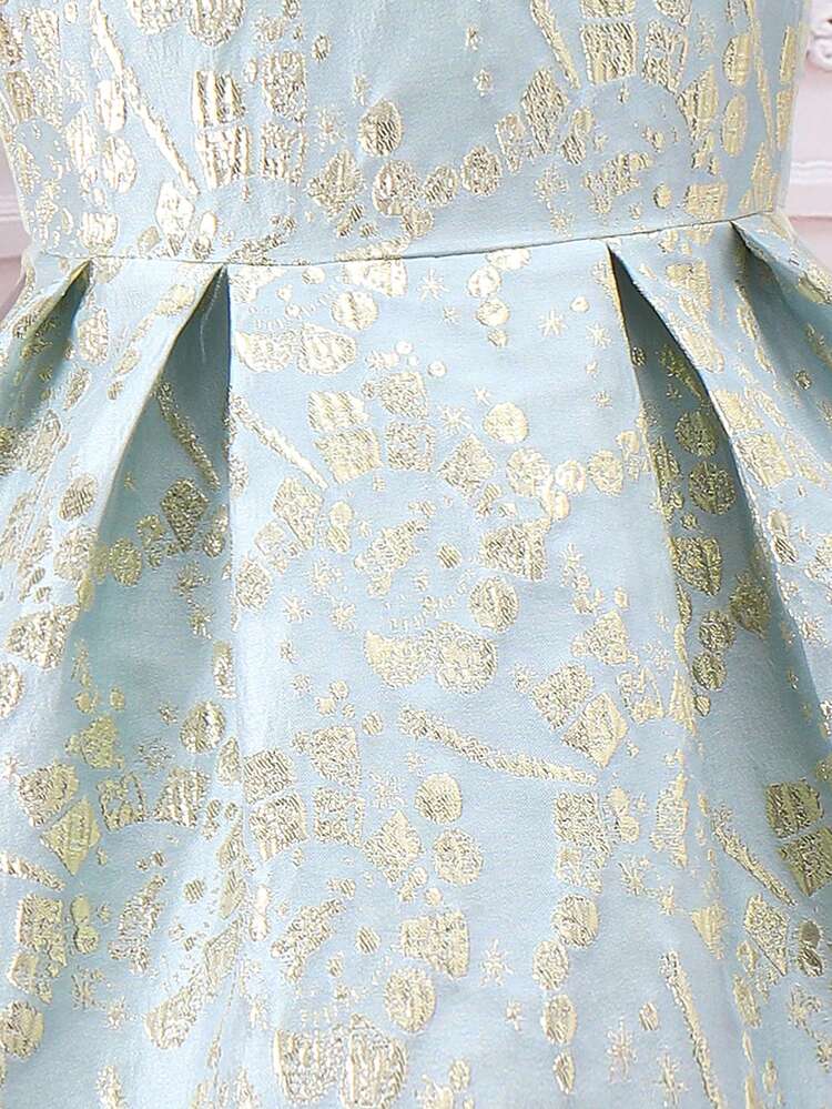 Young Girl Jacquard Puff Sleeve Dress With Wide Hem