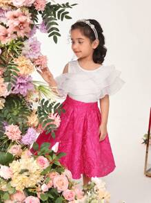 SHEIN 少女配對可愛圓領荷葉邊襯衫和裙子套裝 - 彩色 - 查看 6