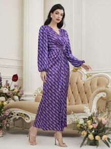 Modelyn Ladies' Paisley Printed Twist Knot Arab Dress Long Evening Dresses - Purple - View 5