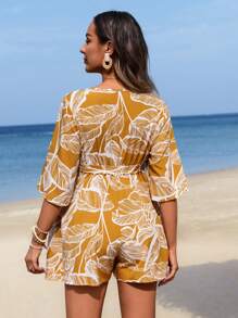 SHEIN Maternity V-Neck Plant Print Jumpsuit - Yellow - View 2