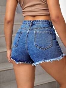 SHEIN EZwear 破洞毛邊牛仔短褲 - 中等水洗藍 - 查看 2