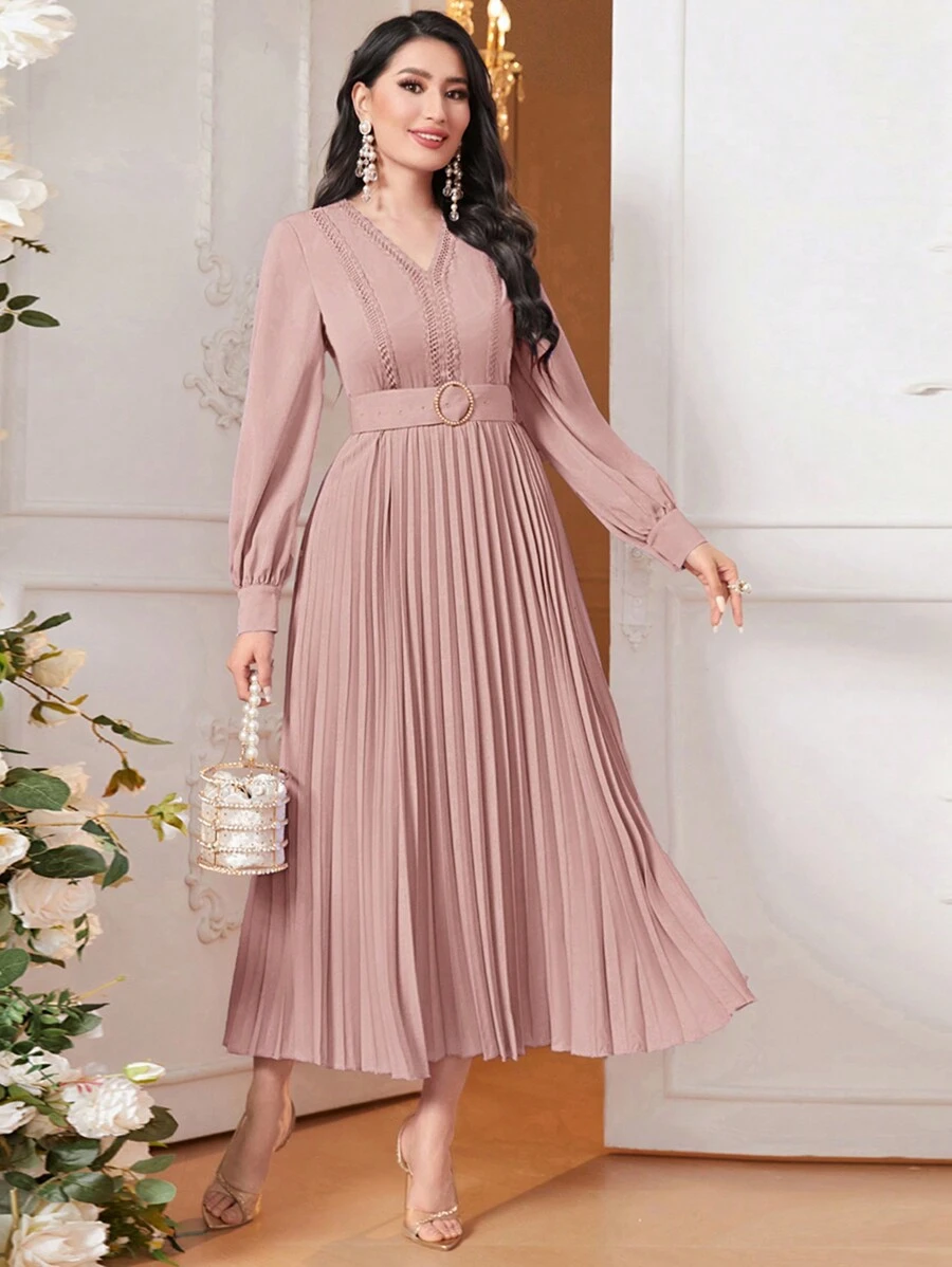 Modelyn Lantern Sleeve Pleated Hem Belted Dress - Dusty Pink - View 1