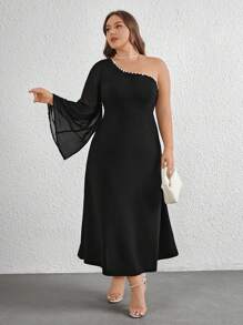 SHEIN Privé Plus Size One Shoulder Chiffon Pearl Beaded Splicing Bodycon Dress