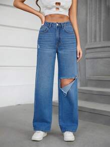 SHEIN Tall Jeans Rotos Lavados - Azul lavado medio - Ver 5