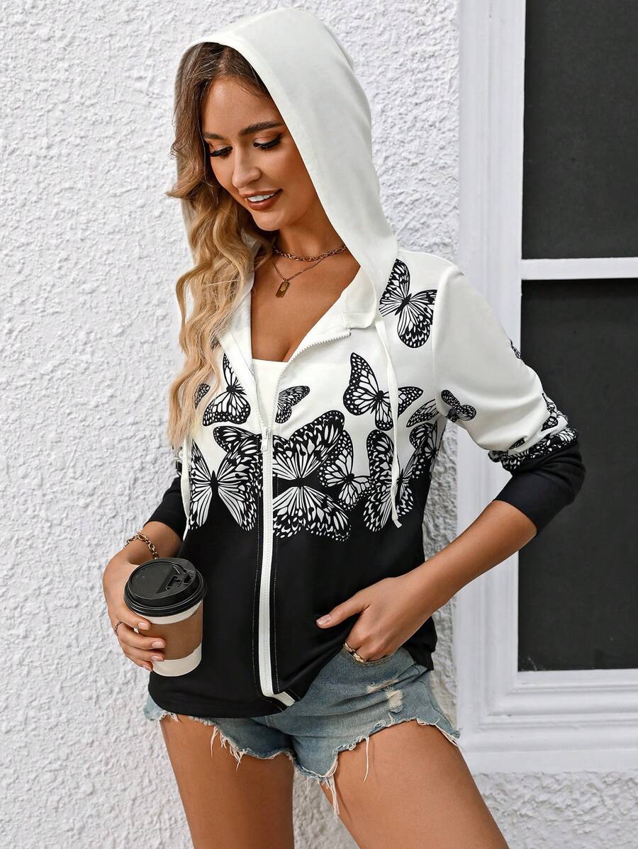 SHEIN LUNE Women's Butterfly Print Hooded Zippered Cardigan