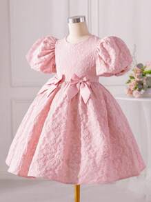 SHEIN فستان فتيات مراهقات بطبعة الورود وياقة دائرية وأكمام منتفخة وزينة عقدة