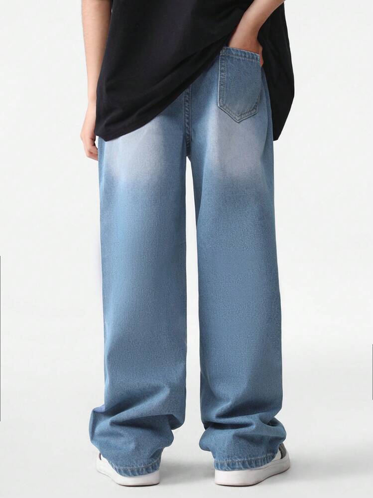 SHEIN Tween Boy Vintage Basic Casual Loose Straight Leg Jeans In College Style Chic Autumn/Winter - Medium Wash - View 2