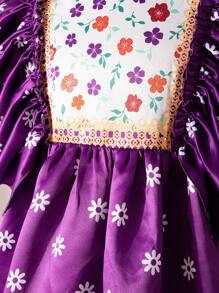 SHEIN Cô gái Tween Dệt In hoa Viền Ruffle Sự phối hợp Đầm giản dị - Màu tím - Xem 7