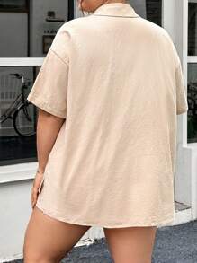 SHEIN Essnce 大码夏季两件套服装短款女士套装仿棉麻套装和亚麻短袖衬衫夏季套装女士亚麻衣服休闲女士连衣裙卡其短裤亚麻 - 卡其色 - 查看 2