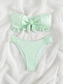 SHEIN Swim Solid Color Textured Split Bikini Set, Summer Beach - Mint Green - View 5