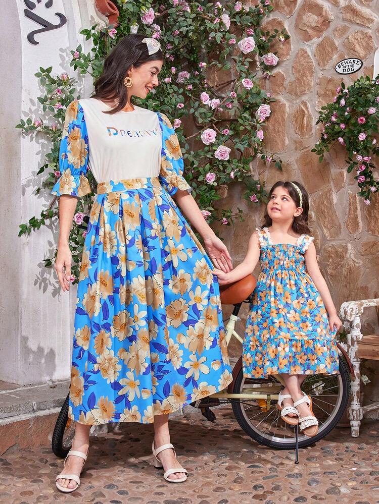 Young Girl Ruffled Flower Printed Dress With Hem & Spaghetti Straps & Lace Trim Mommy And Me Matching Outfits (3 Pieces Sold Separately)