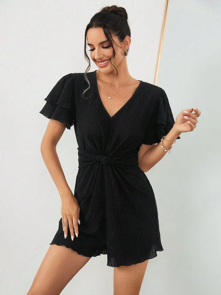 Women's V-Neck Waist Twist Ruffle Short Sleeve Jumpsuit