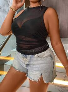 Maweii Plus Ruched Sheer Mesh Tank Top - Black - View 3