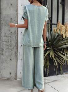 EMERY ROSE 女用蕾絲插片蝙蝠翼短袖上衣和褲子套裝 - 綠色 - 查看 2