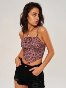 Bohemela Vacation Print Tie Front Strappy Cami Top - Rust Brown - View 2