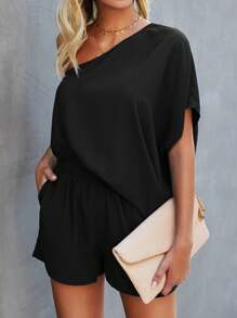 SHEIN LUNE Mono de un hombro de manga murciélago - Negro - Ver 5