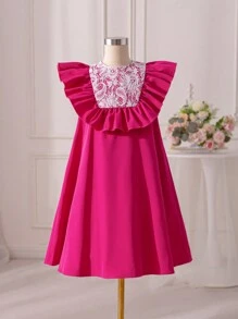 SHEIN Tween Girls' Loose Fit Casual Woven Solid Color Dress With Ruffle Hem