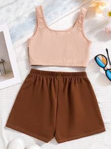 SHEIN 青少女編織拼色背心和寬鬆編織休閒短褲2件套裝 - 卡其色 - 查看 2