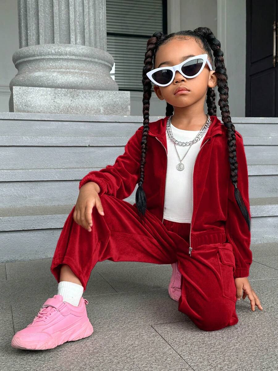 SHEIN 幼兒女孩天鵝絨拉鍊連帽夾克和褲子套裝 - 紅色 - 查看 1