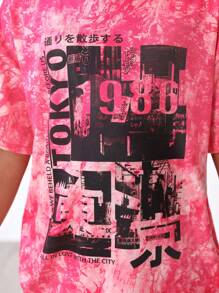SHEIN Camiseta De Manga Corta Con Hombro Caído, Informal Deportiva Para Niñas Preadolescentes Con Estampado De Letras Tie Dye, Para El Verano