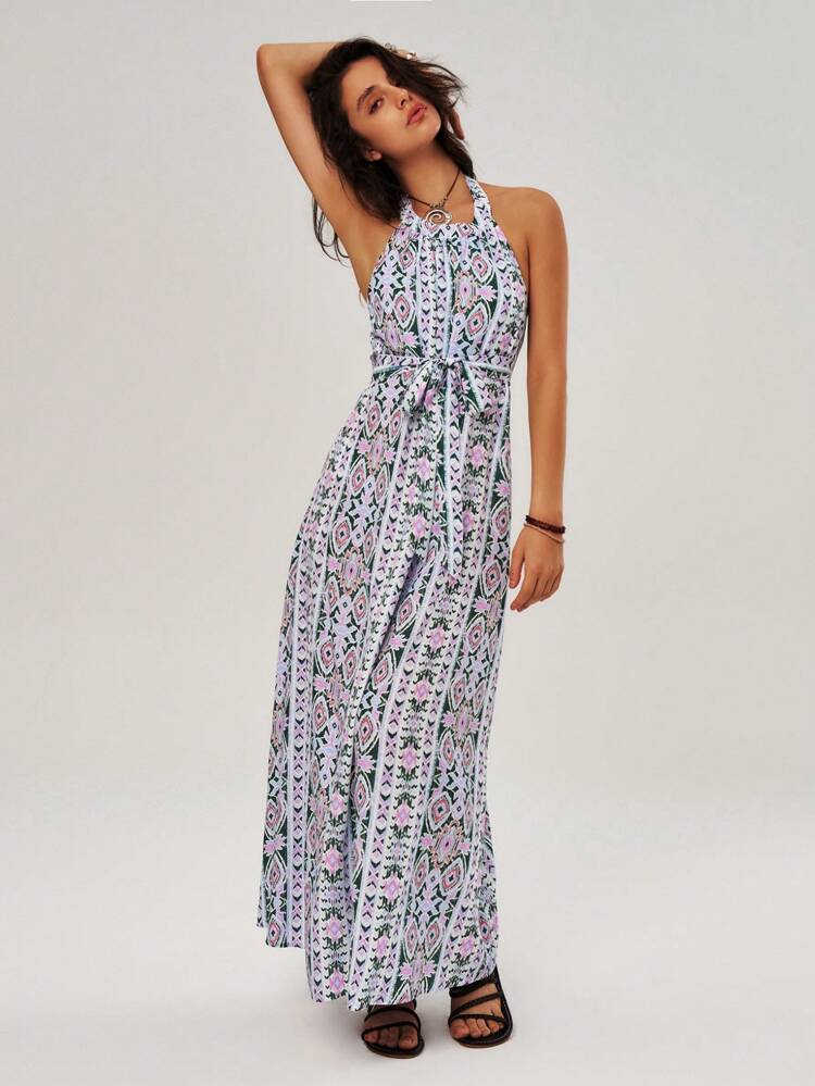 Vacation Geometric Printed Halter Neck Women's Dress