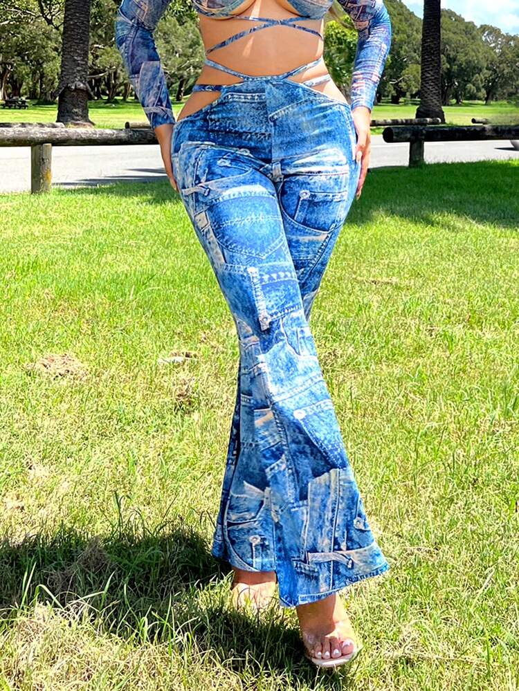 Spring/Summer Clothing, Denim Effect Hollow Out Flared Pants