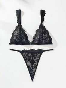 SHEIN 女士蕾丝丁字裤内衣套装内衣 - 黑色 - 查看 3