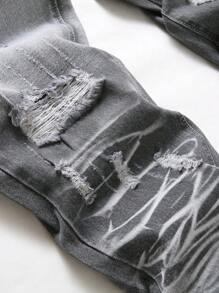 Tween Boy Black & Beige Patchwork Distressed Slim Fit Jeans - Grey - View 6