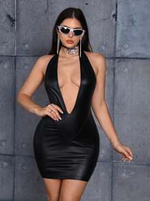 SHEIN ICON Deep V-Neck Backless Halterneck Dress - Black - View 5